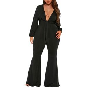 Fashion Nova Black Plunge Wide Leg Jumpsuit Plus Size 3X Women's Long Sleeve
